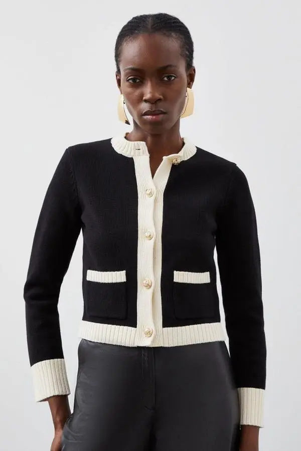 Cotton Cropped Knit Boxy Cardigan - Black