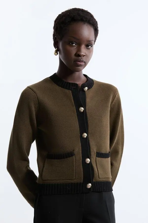 Cotton Cropped Knit Boxy Cardigan - Olive