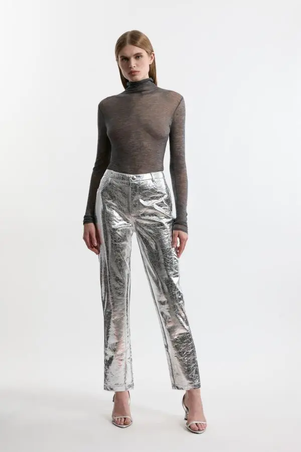 Metallic Faux Leather Straight Trousers - Silver