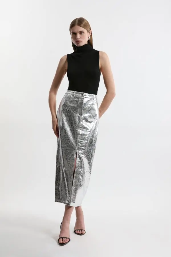 Metallic Faux Leather Midi Skirt - Silver