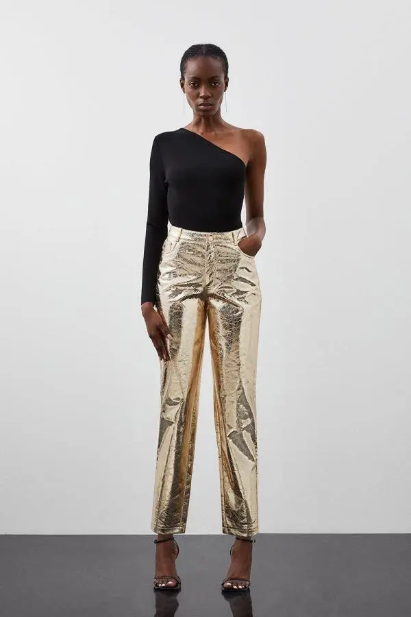 Tall Metallic Faux Leather Straight Trousers - Gold