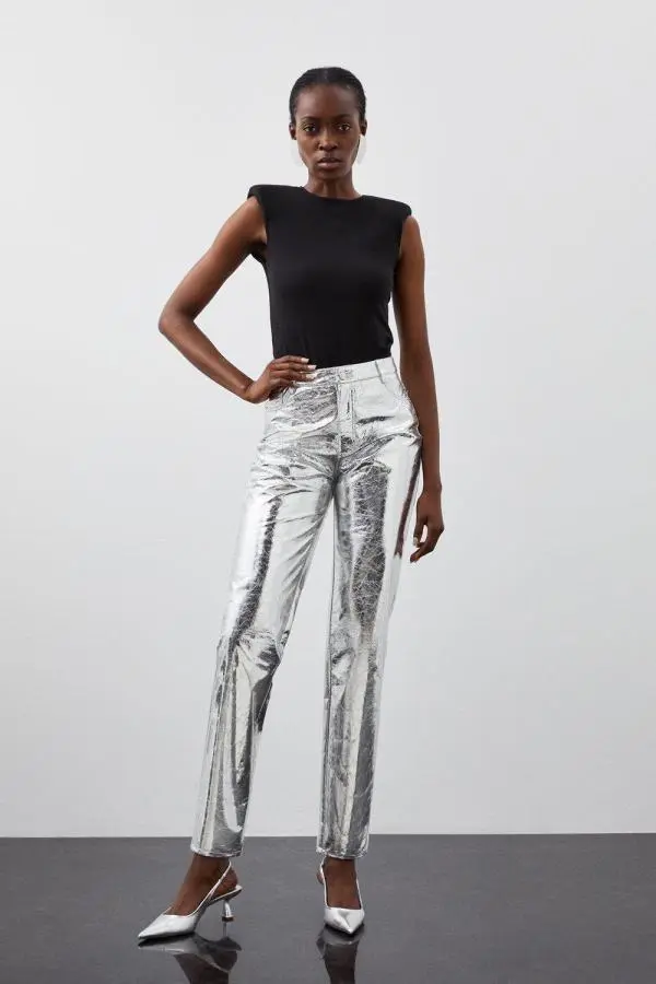 Tall Metallic Faux Leather Straight Trousers - Silver