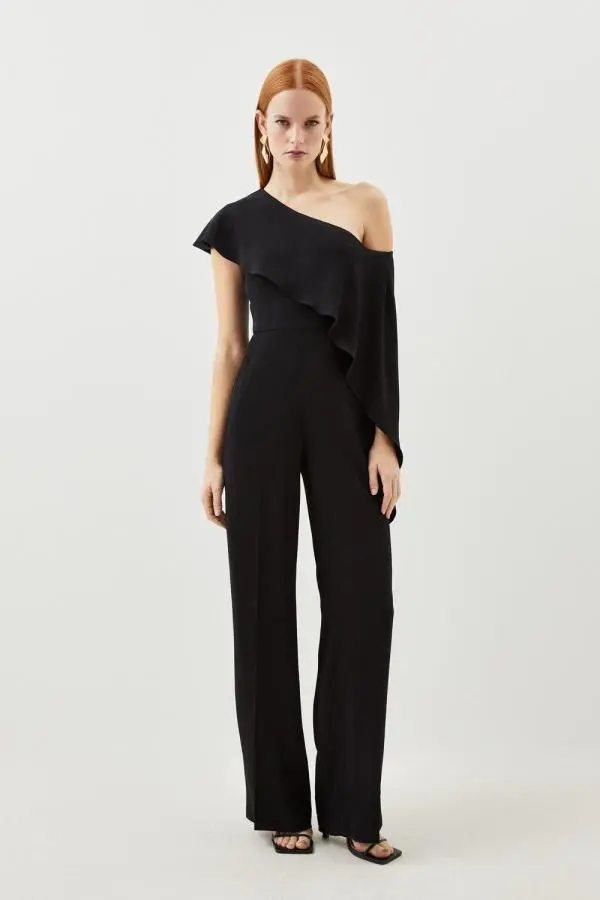Tailored Compact Stretch Viscose Drape Detail Jumpsuit - Black