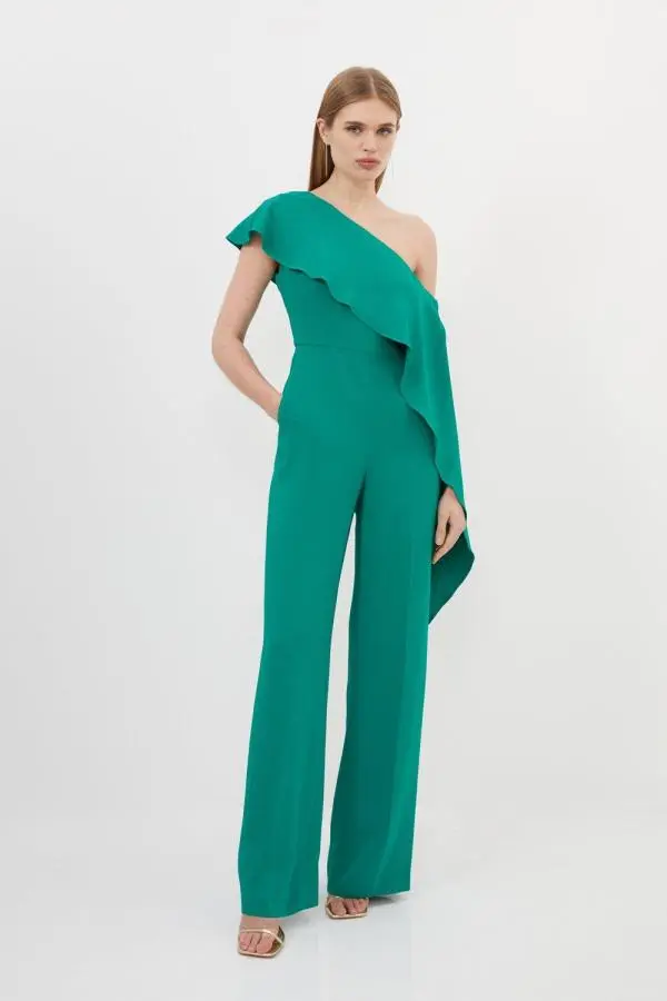 Tailored Compact Stretch Viscose Drape Detail Jumpsuit - Green