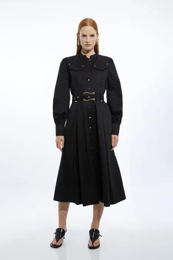 Cotton Sateen Button Detail Woven Midi Shirt Dress - Black
