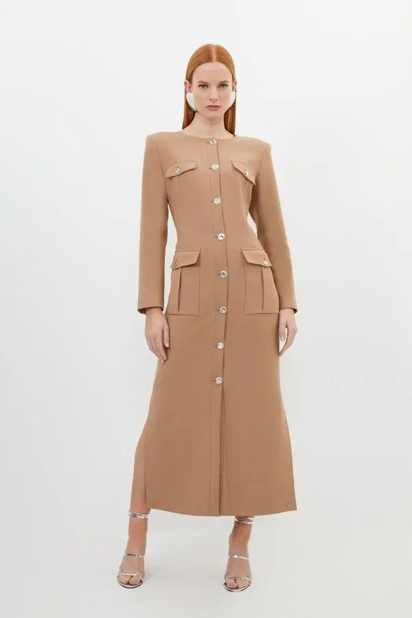Petite Tailored Compact Stretch Button Through Midi Dress - Camel