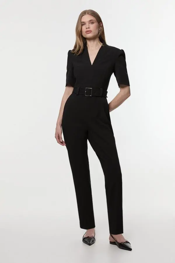 Structured Crepe Forever Belted Jumpsuit - Black