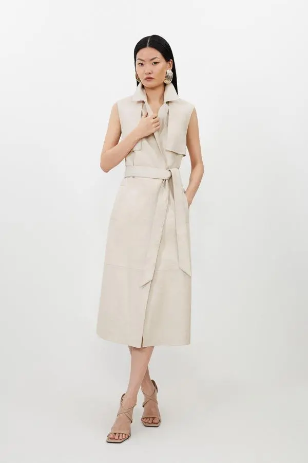 Leather Sleeveless Belted Storm Flap Detail Trench Coat - Neutral
