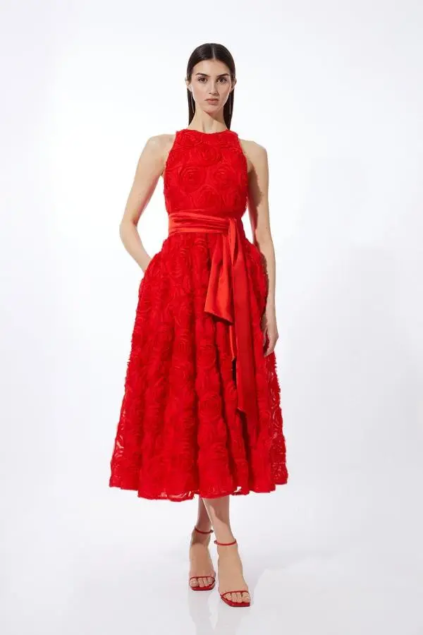 Romantic Rosette Texture Woven Prom Midi Dress - Red