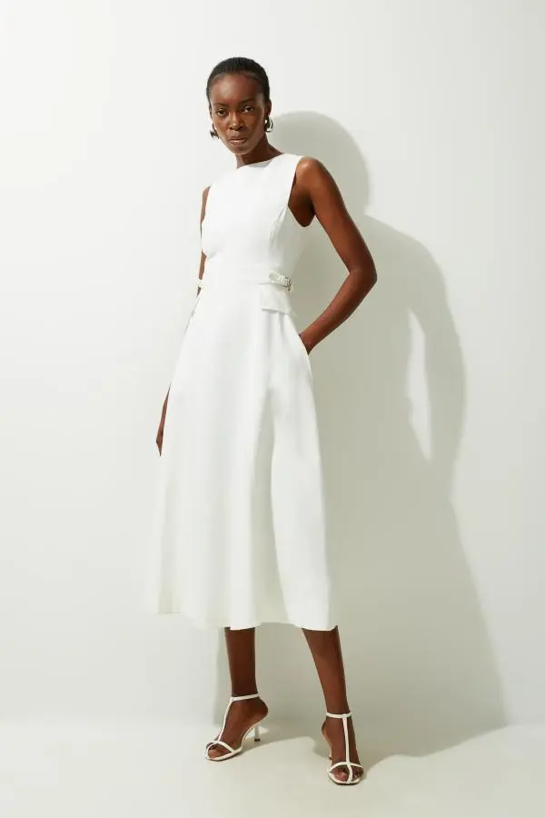 Premium Linen Tab Waist Detail Full Skirt Tailored Midi Dress - Ivory