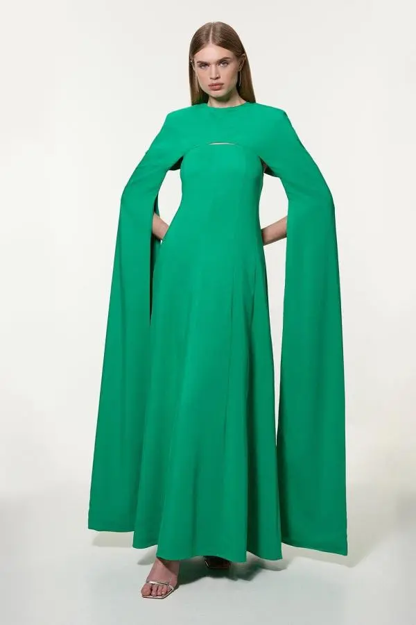 Petite Premium Bonded Crepe Detachable Cape Maxi Dress - Green