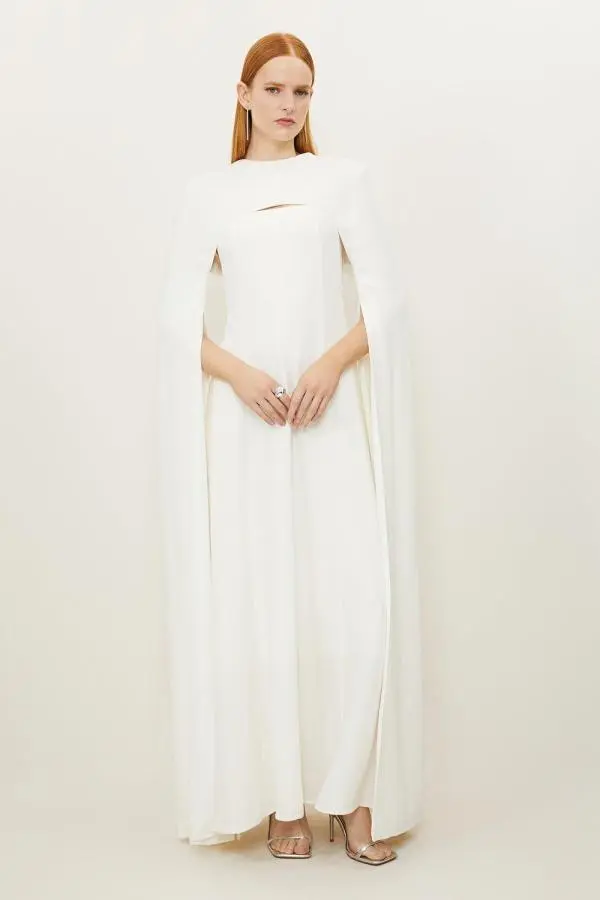 Petite Premium Bonded Crepe Detachable Cape Maxi Dress - Ivory
