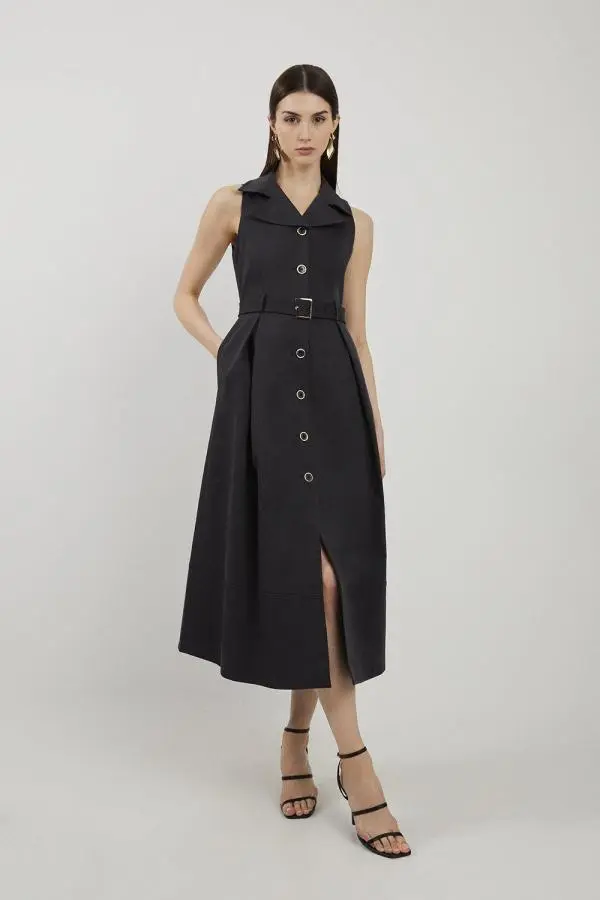 Tailored Cotton Halter Neck Belted Full Skirted Shirt Dress - Black