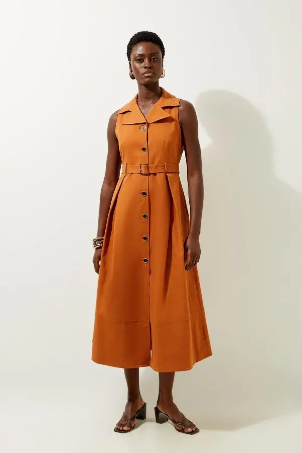 Tailored Cotton Halter Neck Belted Full Skirted Shirt Dress - Brown