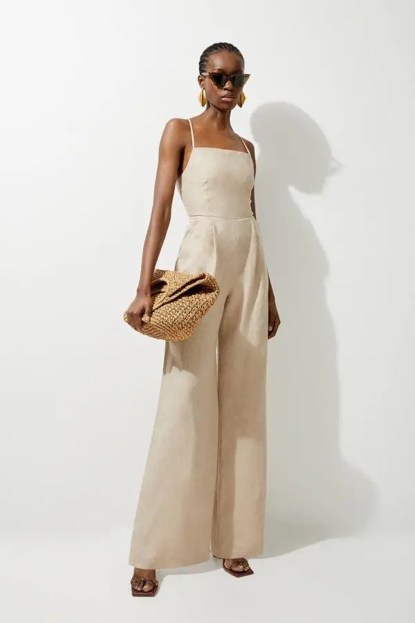 Premium Linen Tailored Halterneck Corset Back Wide Leg Jumpsuit - Neutral