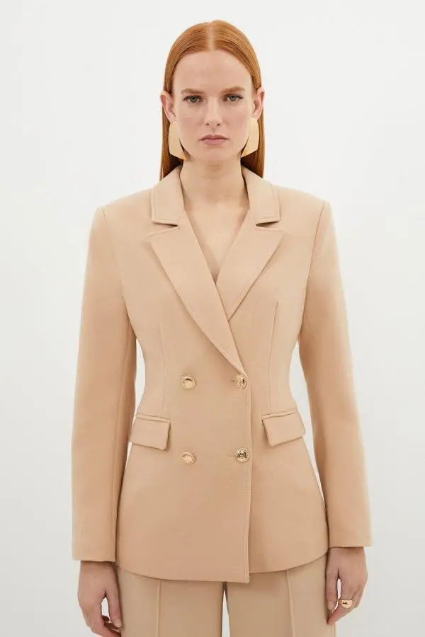 Compact Stretch Essential Tailored Doubled Breasted Blazer - Camel
