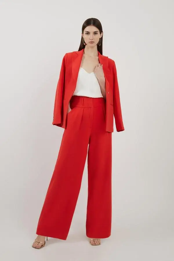 Tailored High Waisted Pleated Wide Leg Trousers - Red