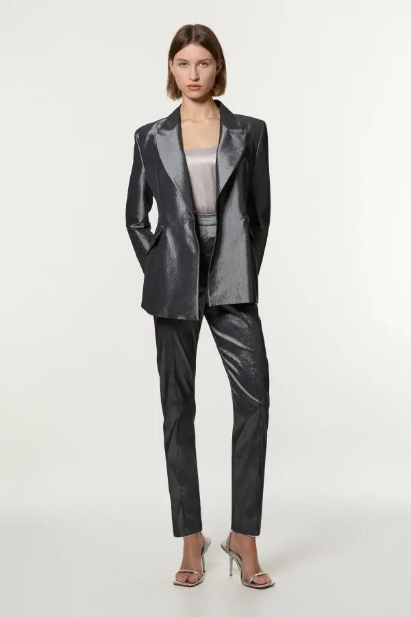 Fluid Tailored Metallic Straight Leg Trousers - Silver