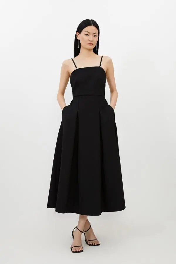 Compact Stretch Tailored Bandeau Full Skirted Midi Dress - Black