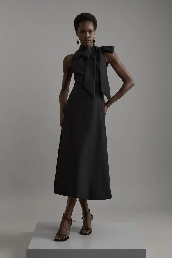 Compact Stretch Bow Tie Neck Full Skirted Midi Dress - Black