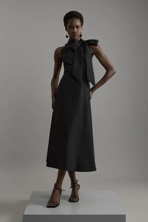 Compact Stretch Bow Tie Neck Full Skirted Midi Dress - Black