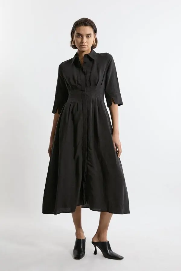 Lydia Millen Premium Tailored Linen Darted Waist Midi Dress - Black