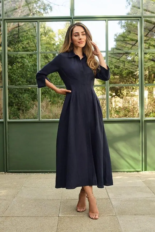 Lydia Millen Premium Tailored Linen Darted Waist Midi Dress - Navy