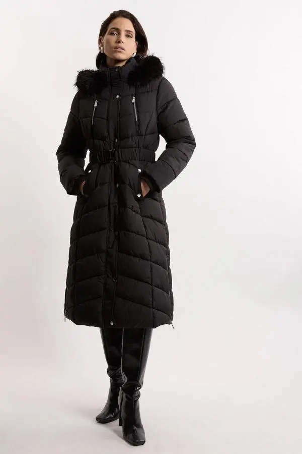 Tall Faux Down Padded Belted Hooded Puffer Coat - Black