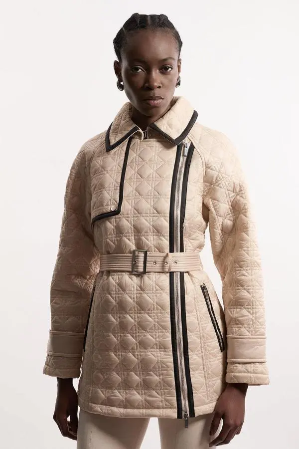 Diamond Quilted Belted Short Puffer Trench Jacket - Ivory