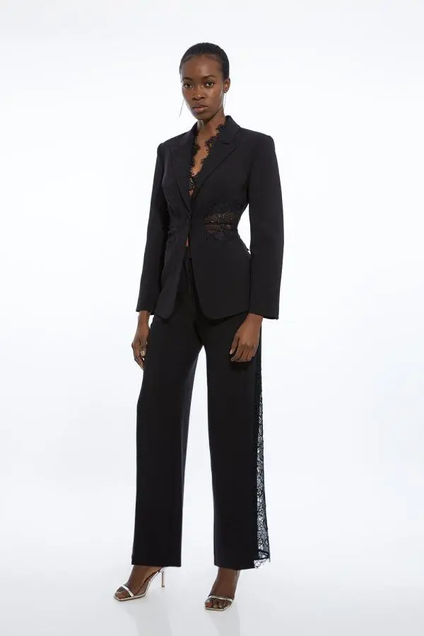 Tailored Lace Detail Straight Leg Trousers - Black