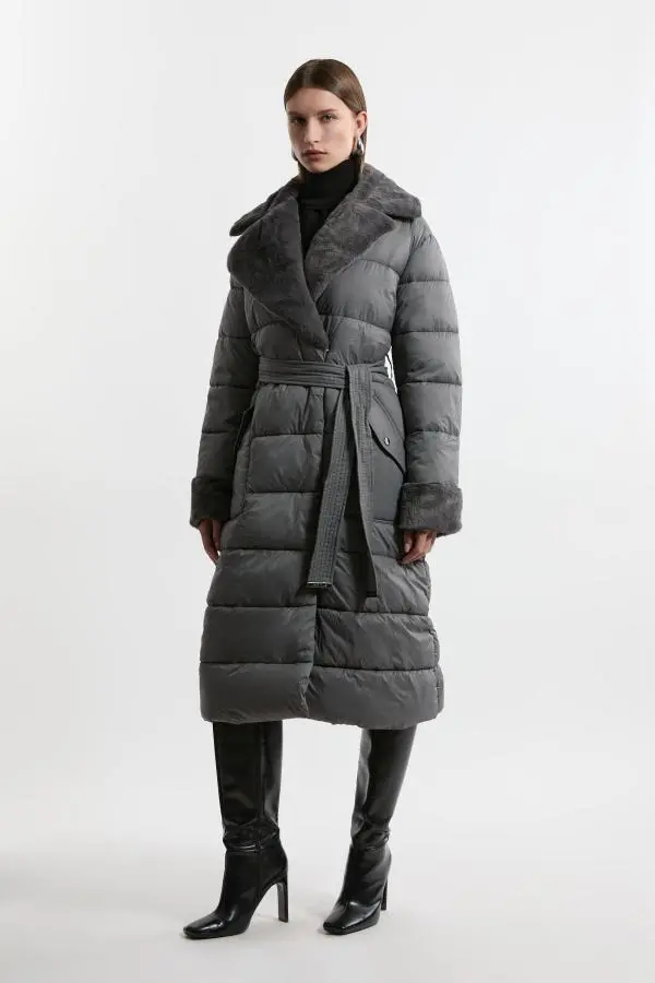 Faux Fur Lined Belted Longline Puffer Coat - Grey