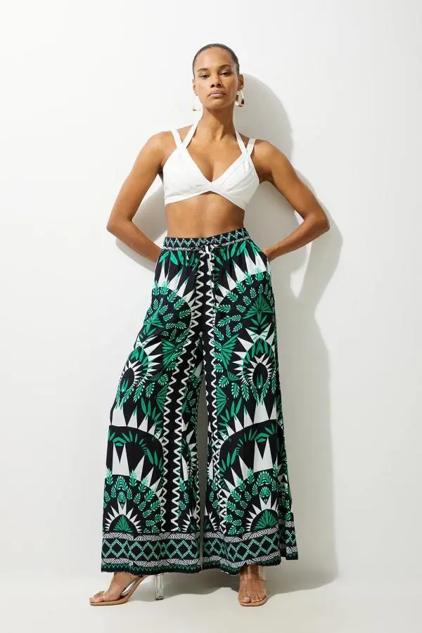 Mono Printed Viscose Woven Beach Wide Leg Trousers - Mono