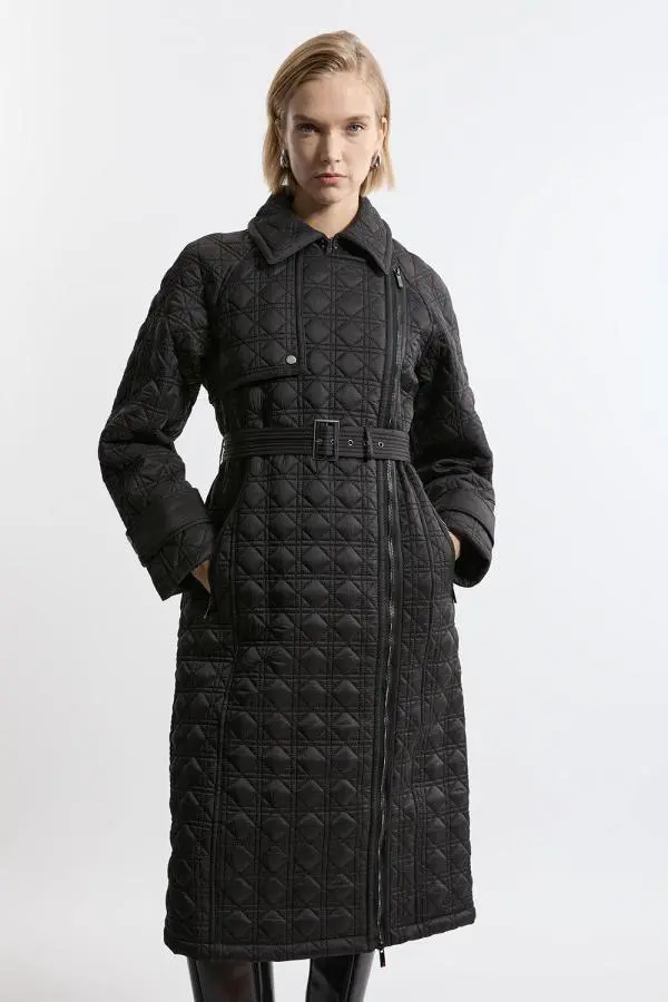 Quilted Belted Longline Trench Coat - Black