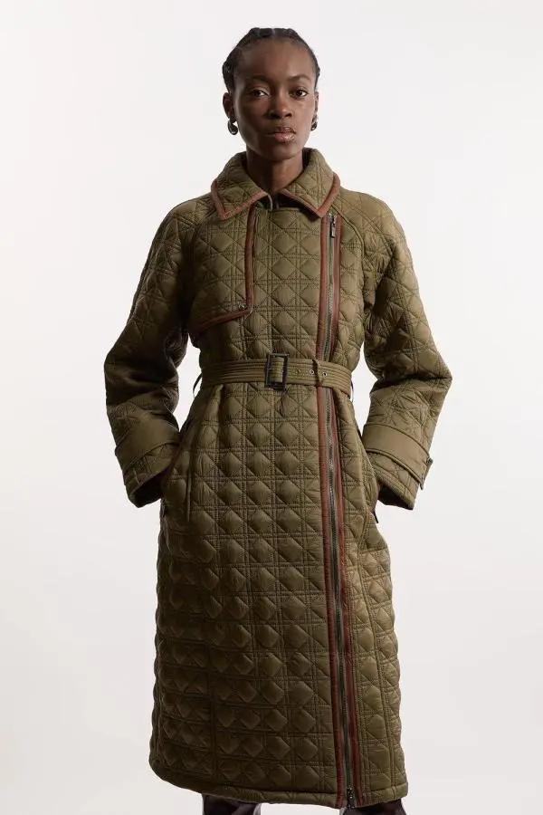 Quilted Belted Longline Trench Coat - Khaki/Green
