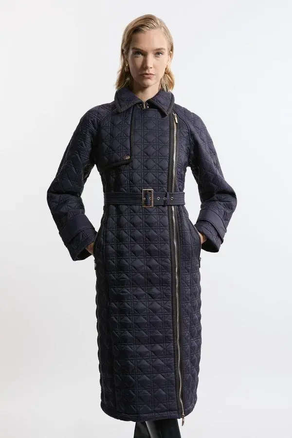 Quilted Belted Longline Trench Coat - Navy