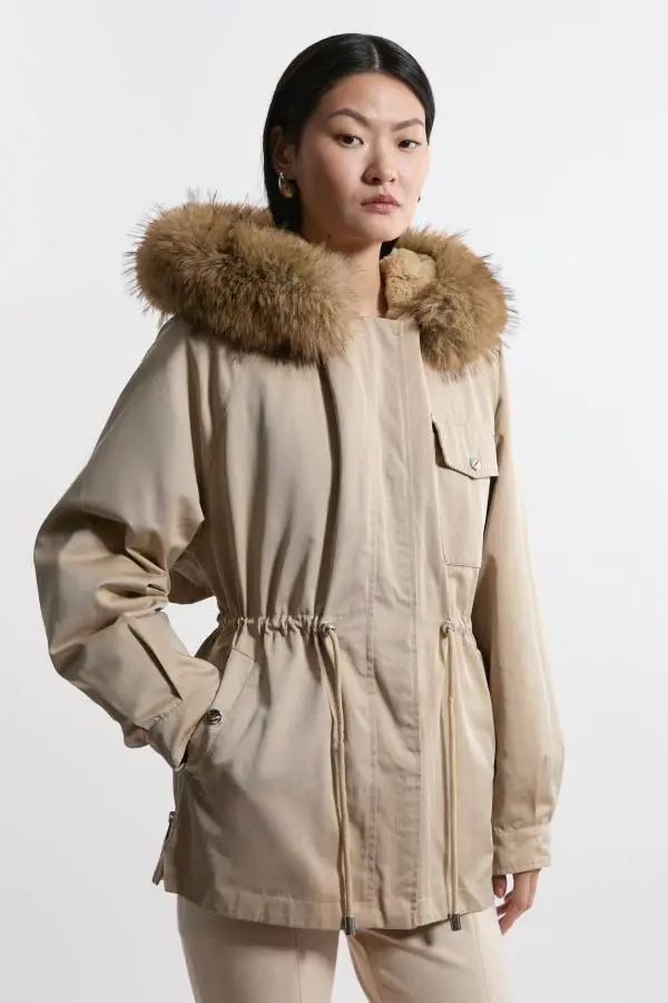 Faux Fur Lined Hooded Parka Coat - Camel