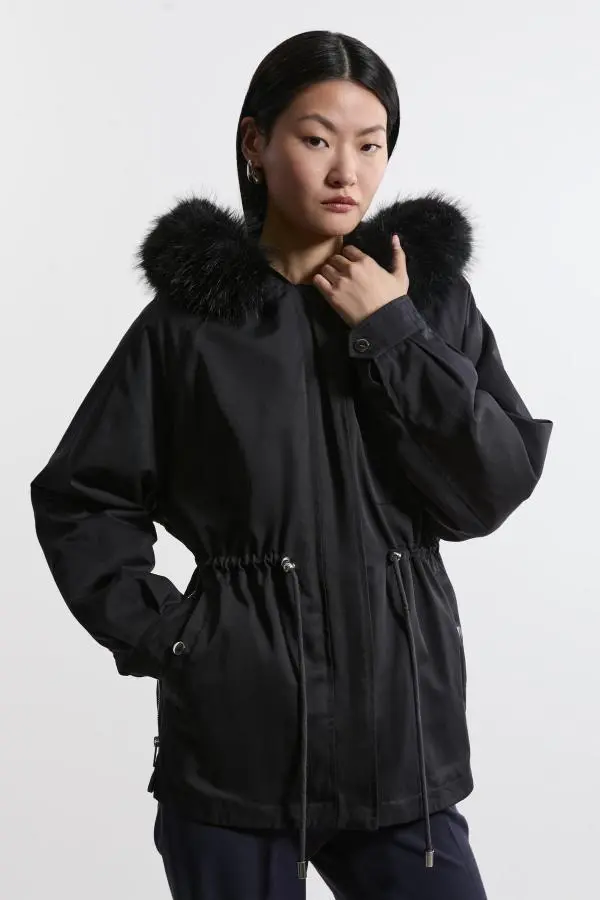 Faux Fur Lined Hooded Parka Coat - Navy