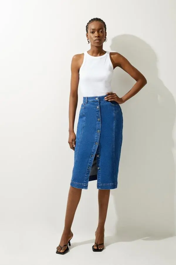 Denim Button Through Midi Skirt - Mid Blue