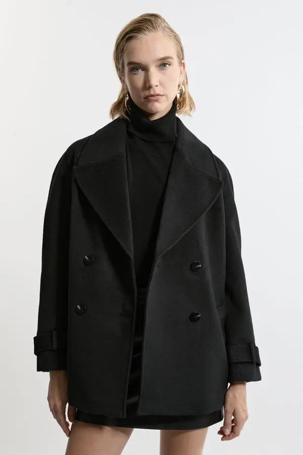 Tailored Wool Blend Double Breasted Short Pea Coat - Black