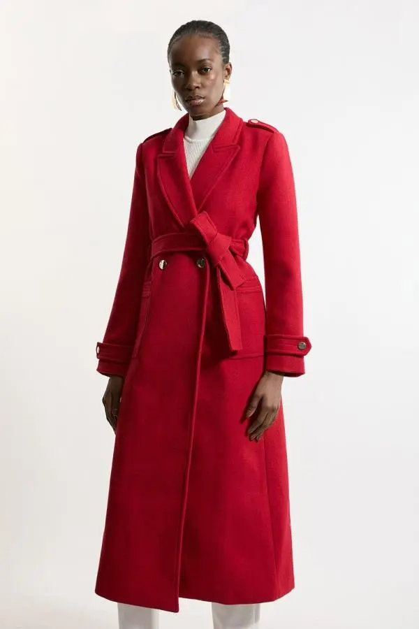 Tailored Wool Blend Belted Maxi Wrap Coat - Red