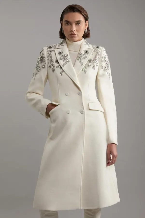 Tailored Wool Blend Embellished Double Breasted Midi Coat - Ivory