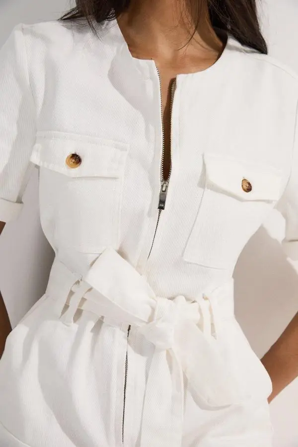 Denim Cargo Pocket Belted Playsuit - Cream