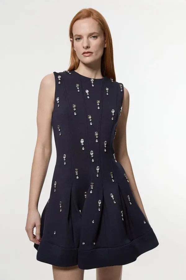 Crystal Embellished Premium Scuba Jersey Mini Dress - Navy