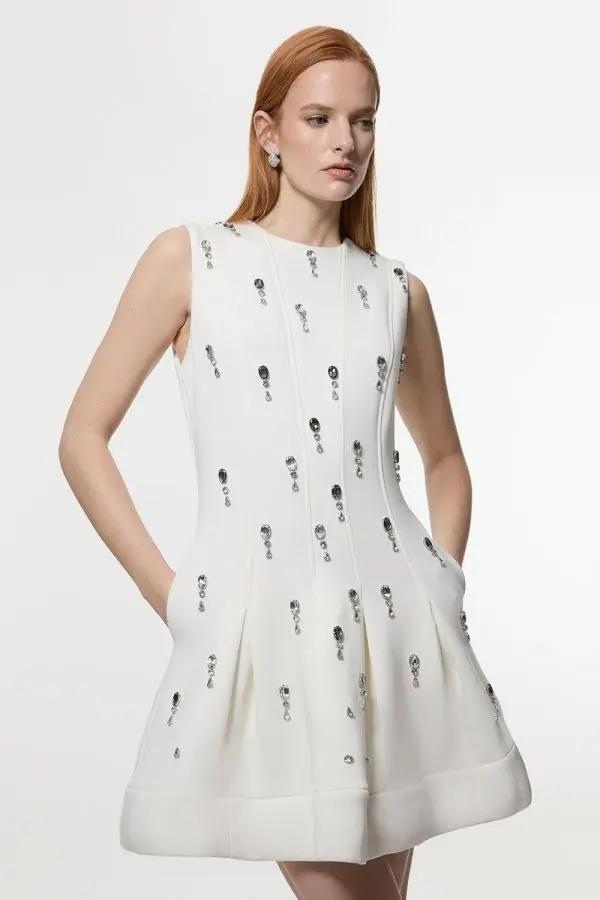 Crystal Embellished Premium Scuba Jersey Mini Dress - White
