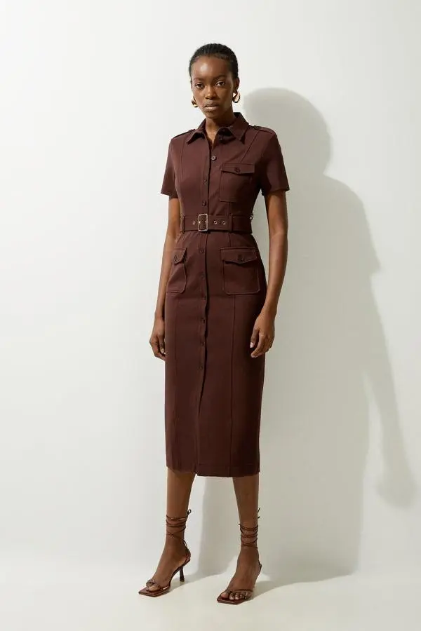 Pocket Detail Ponte Jersey Short Sleeve Midi Dress - Brown