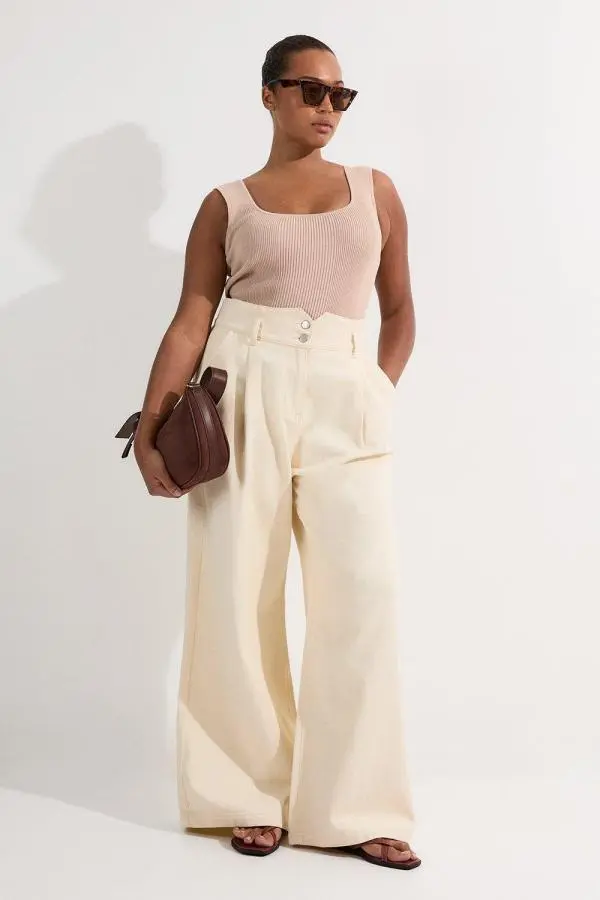Plus Size Denim Wide Leg Trousers - Cream