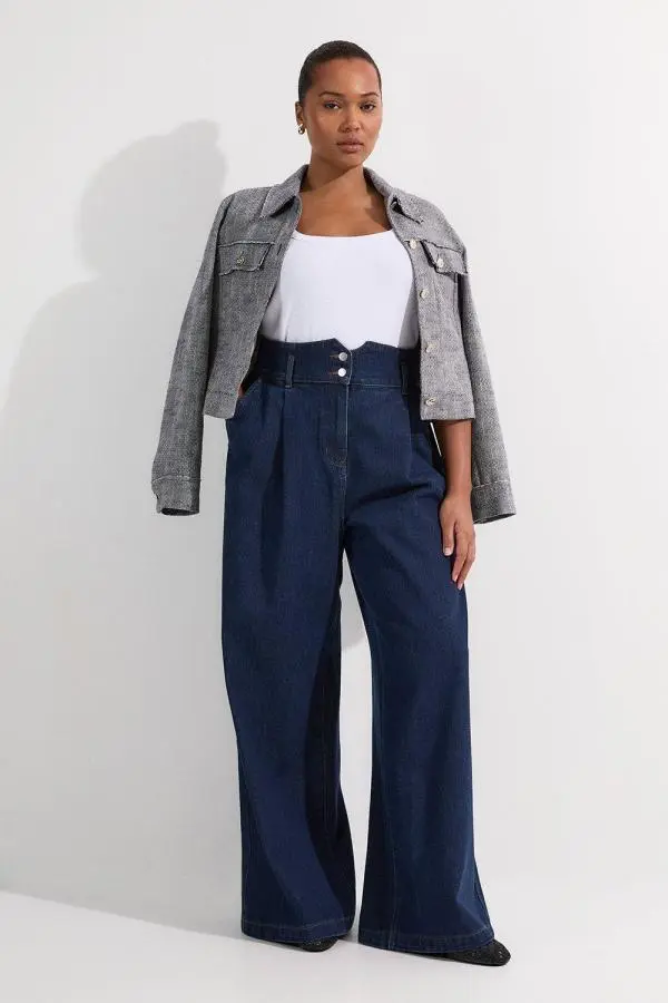 Plus Size Denim Wide Leg Trousers - Indigo