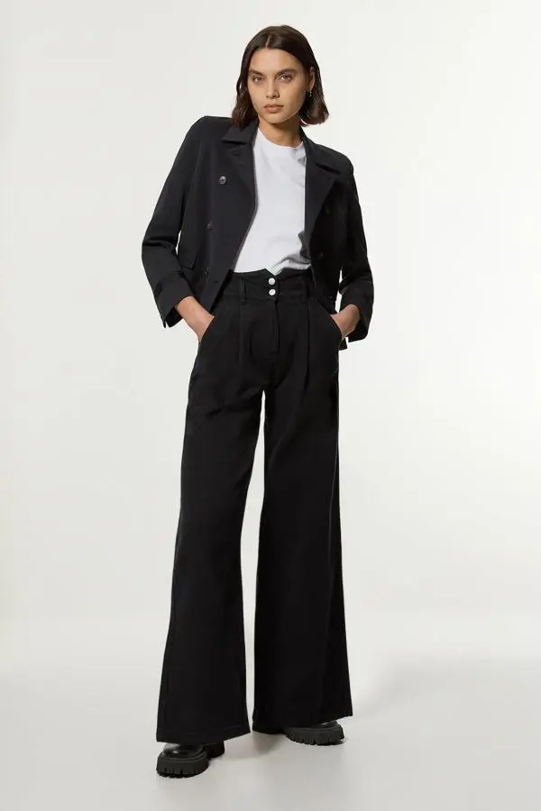 Petite Denim Wide Leg Trousers - Black
