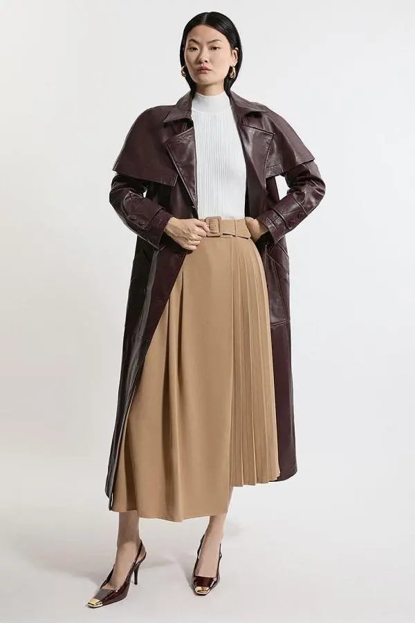 Soft Tailored Crepe Belted Pleated Midi Skirt - Camel