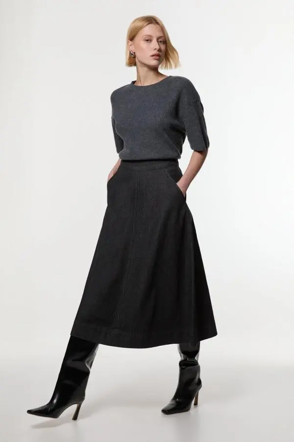 Denim Full Midi Skirt - Black